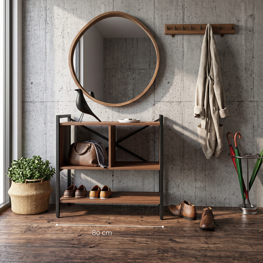 Consola BENSON de madera y estructura metálica, decorada con un espejo y objetos sobre sus repisas