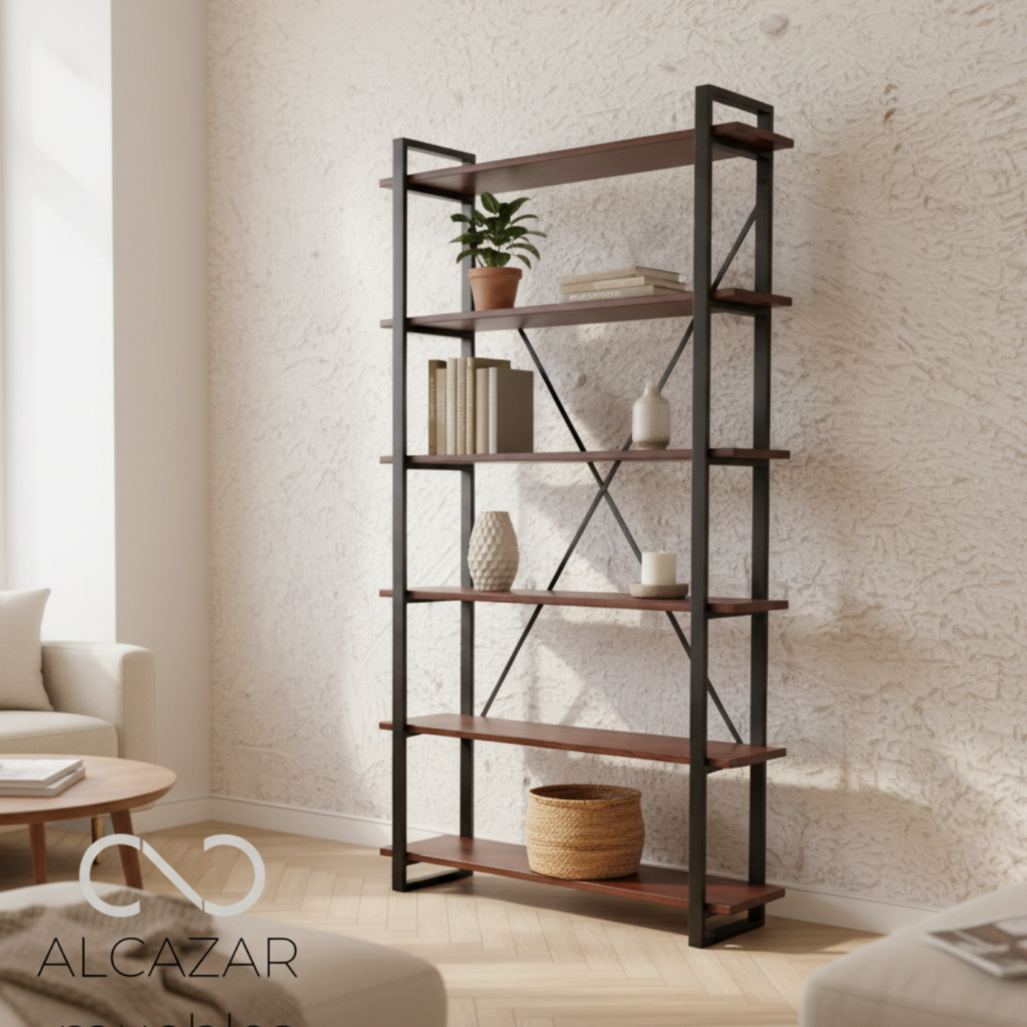 Vista frontal del librero industrial Celta 120 de Alcázar Muebles, 5 niveles con capacidad de 60 kg por tabla, envío a todo México