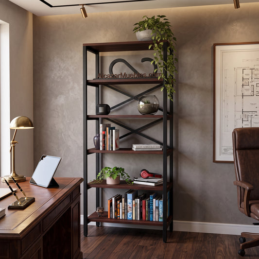 Librero Industrial Sylvan | Madera Maciza y Metal | 6 Entrepaños | 1.80 m