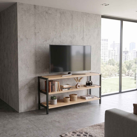 Mueble para TV Industrial Minimalista de 3 Niveles en Madera Maciza y Acero 120 cm largox 59 cm altura