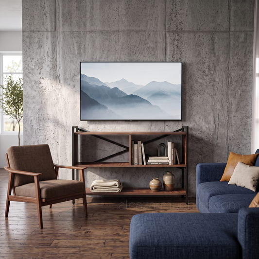 Rack para TV BENSON con televisión, colocado en una sala junto a sillones 120cm.