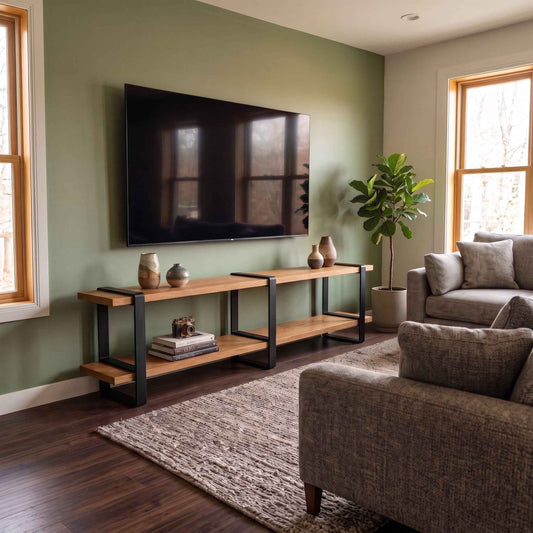 Rack para TV Orvok de madera de pino y acero con televisión, ambientado en una sala