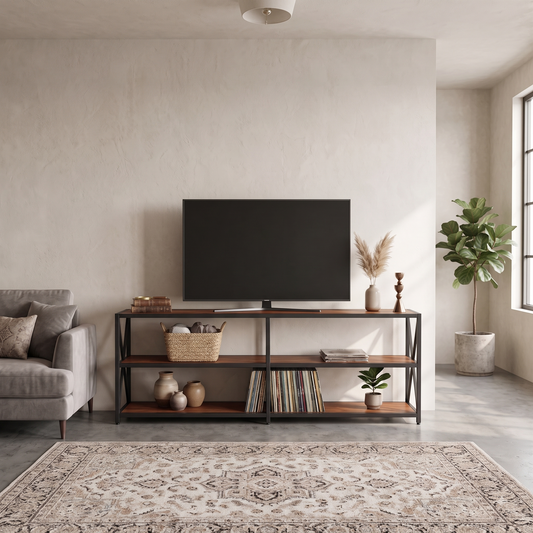 Mueble para TV SKAGEN de tres niveles en tono roble claro y acero negro, con televisor y objetos decorativos en una sala.