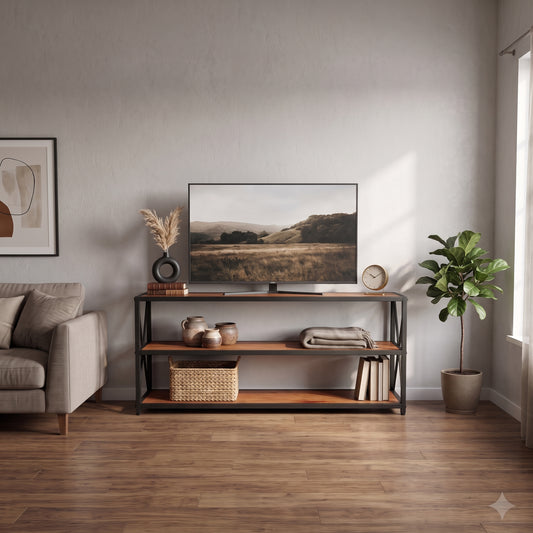 Mueble SKAGEN en tono roble claro con televisor encendido, cesta y libros en las repisas inferiores.