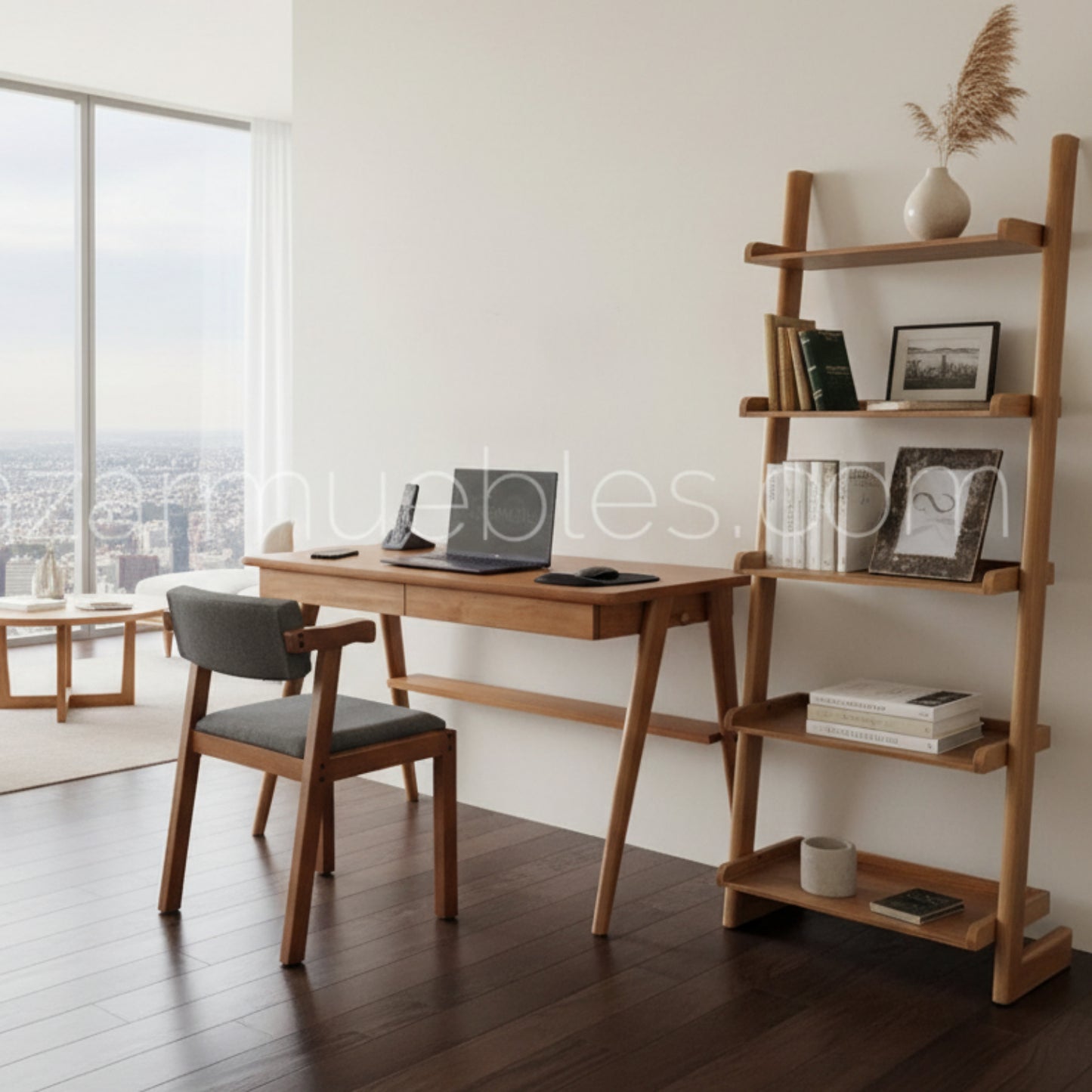 Combo Escritorio, librero y silla de madera minimalista