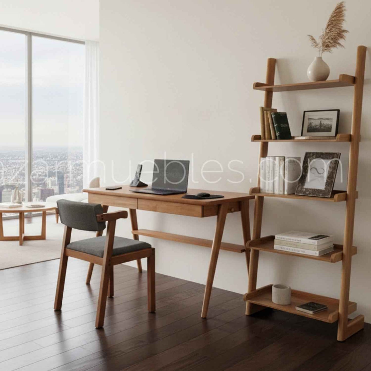 Combo: Escritorio, Librero y silla Tapizada. Set de madera sólida modelo Santy