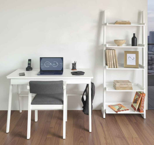 Combo: Escritorio, Librero y silla Tapizada. Set de madera sólida modelo Santy