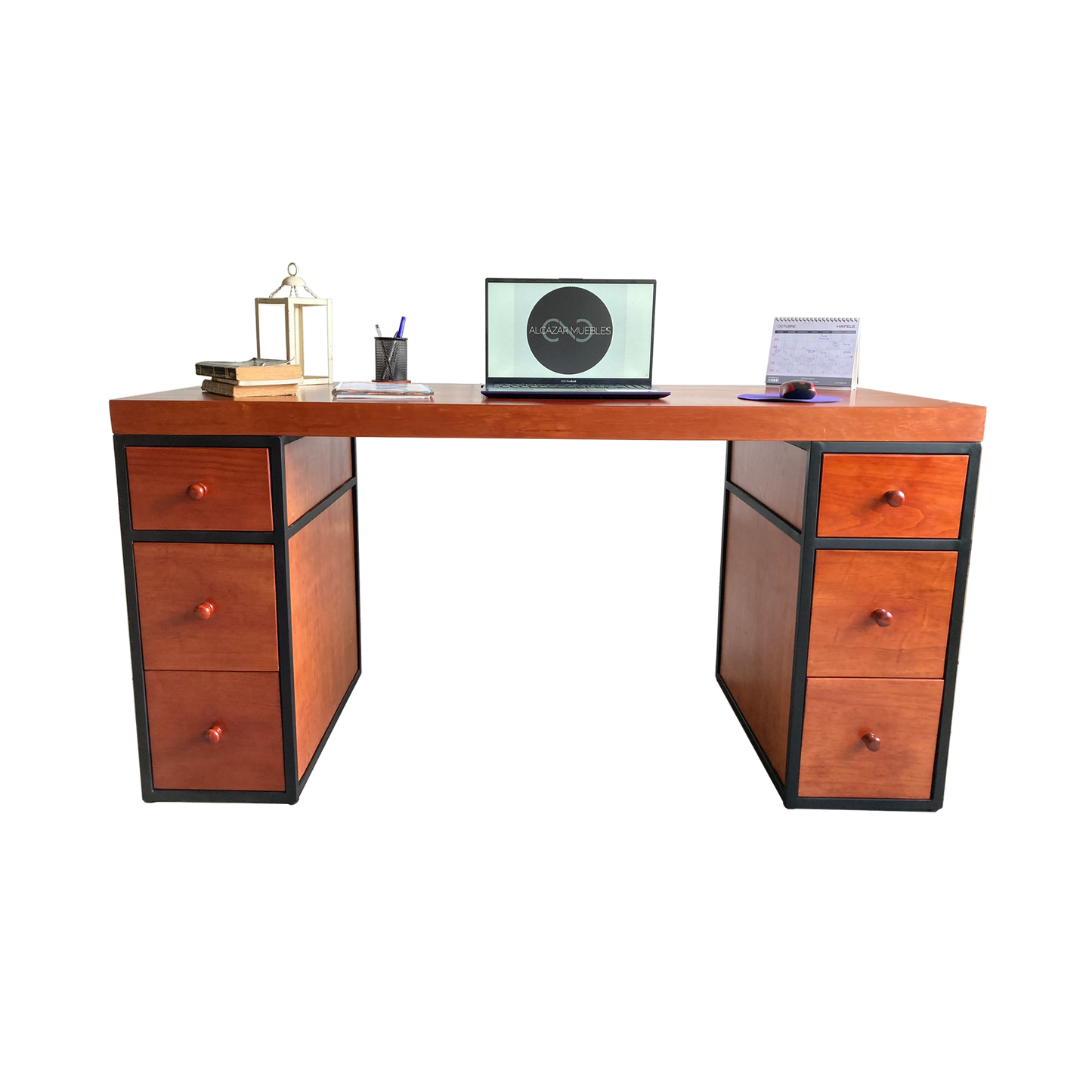 Escritorio Home Office 150 cm 6 cajones minimalista industrial Cedro Alcazarmuebles.com