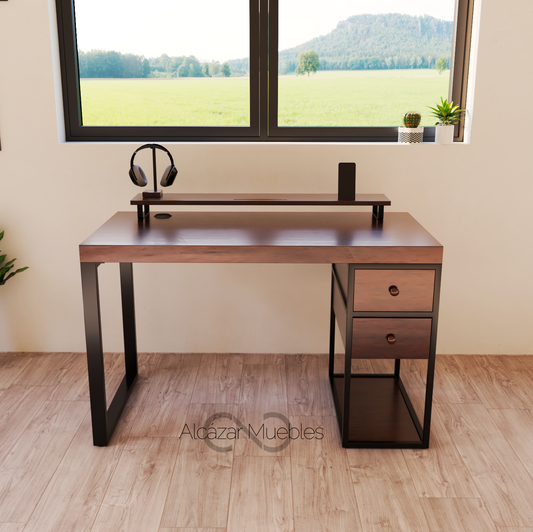 Escritorio Home Office 120 cm 2 Cajones del mismo lado Nogal Alcazarmuebles.com
