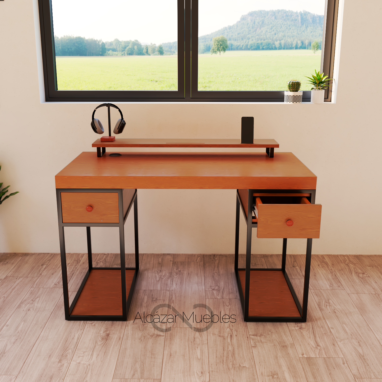 Escritorio Home Office 120 cm 2 cajones de madera. Cedro Alcazarmuebles.com