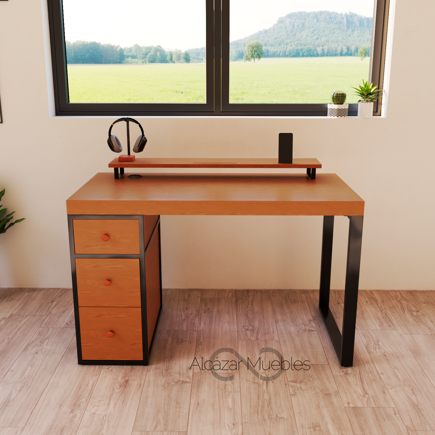 Minimalista escritorio gamer. 120 cm de largo con 6 cajones de madera y 1 repisa superior. Color cedro