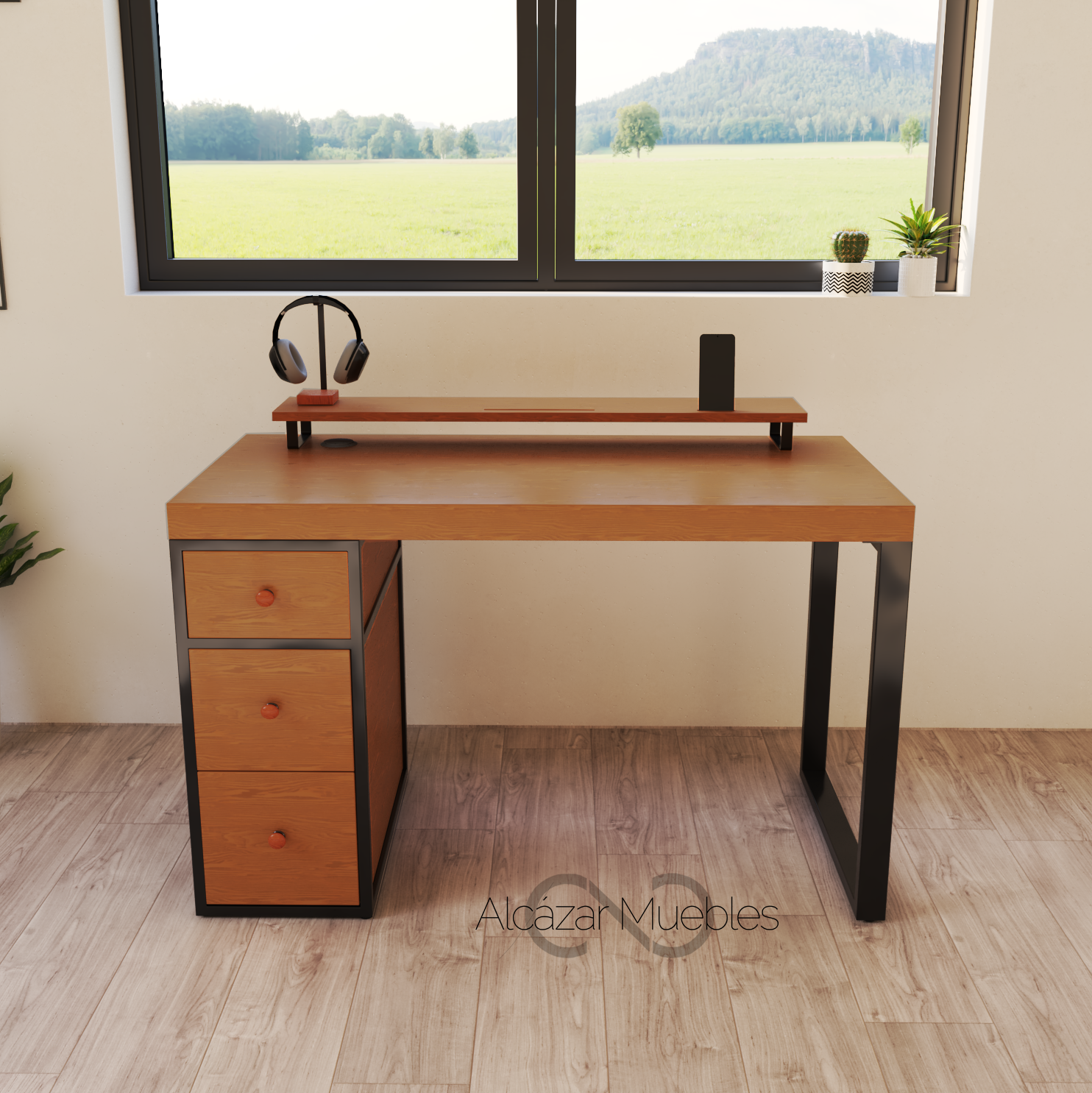 Minimalista escritorio gamer. 120 cm de largo con 6 cajones de madera y 1 repisa superior. Color cedro