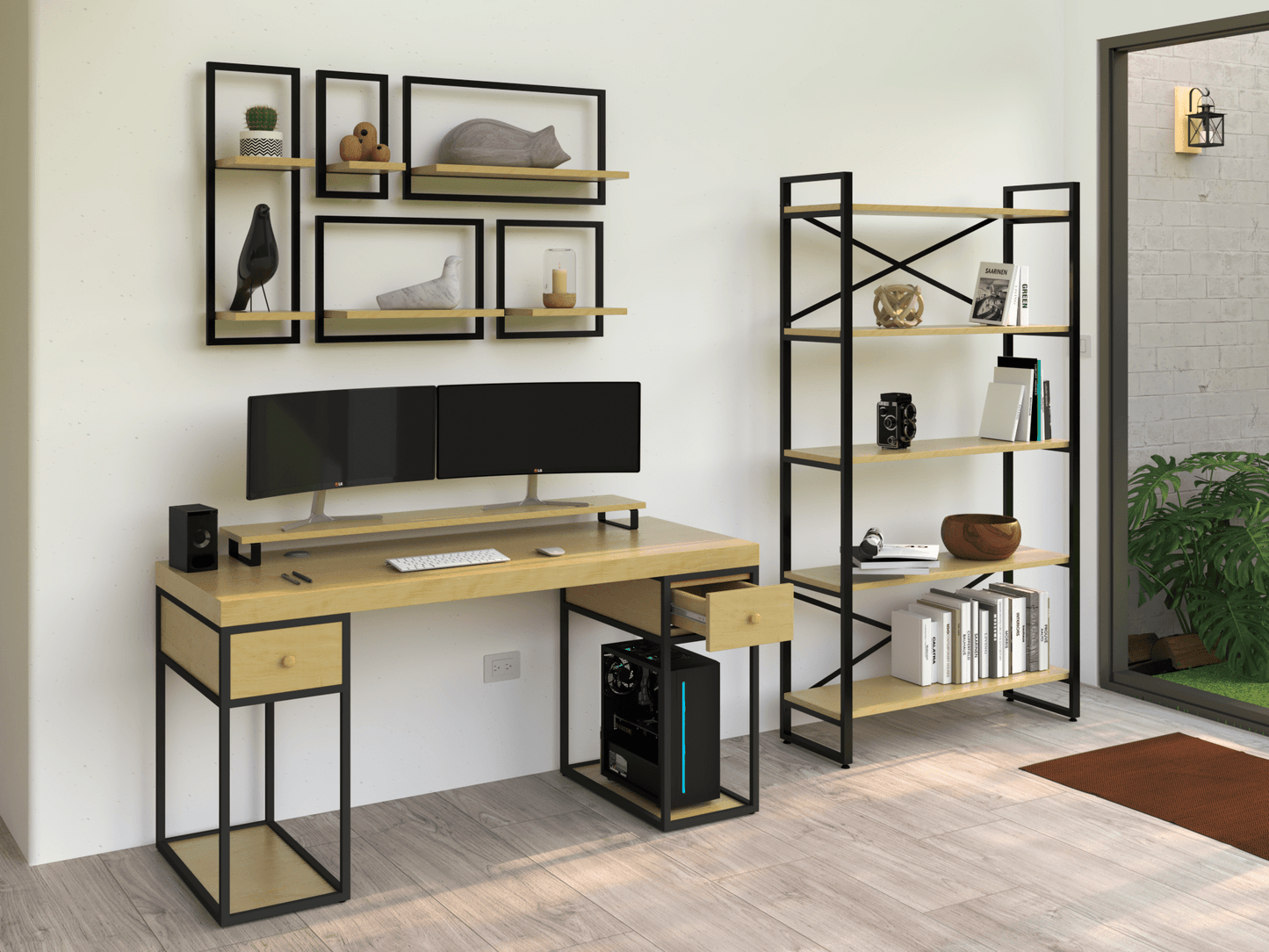 Escritorio Home Office 150 cm 2 cajones estilo Industrial 100% madera Alcazarmuebles.com