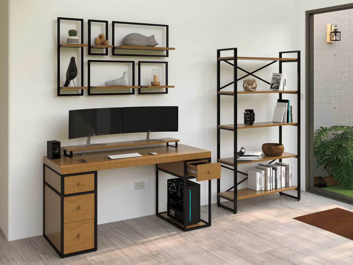 Escritorio Home Office 150 cm 4 cajones minimalista madera Roble Homeoffice Alcazarmuebles.com