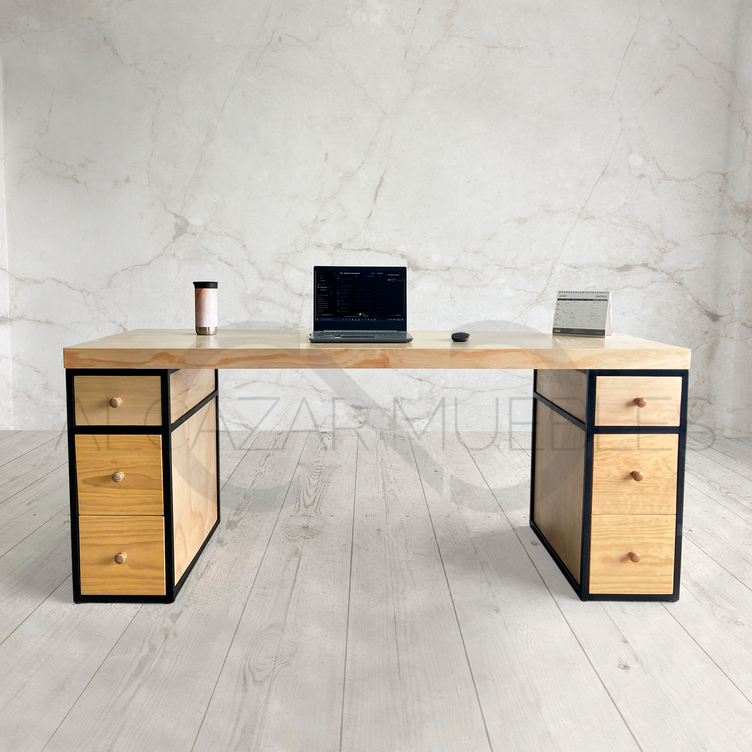 Escritorio estilo industrial de metal y madera sólida Alcazar Home Office Muebles PINO NATURAL