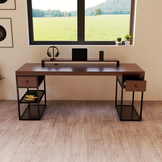 Escritorio Homeoffice 180 cm 2 cajones 3 entrepaños Industrial moderno Nogal Alcazarmuebles.com