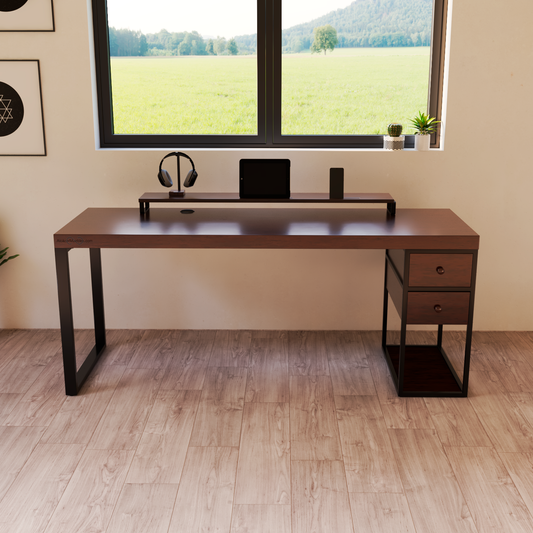 Escritorio Home Office 180 cm 2 cajones mismo lado Industrial madera Nogal Alcazarmuebles.com