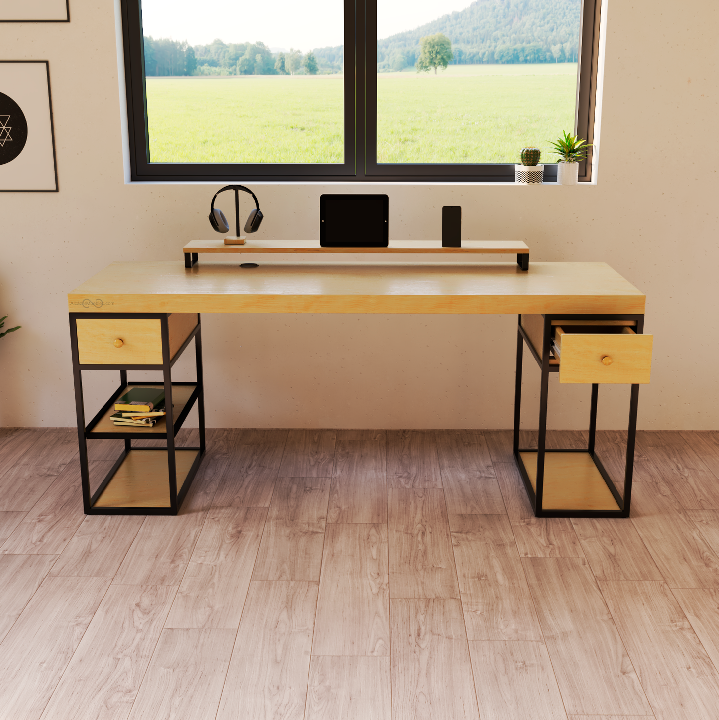 Escritorio Homeoffice 180 cm 2 cajones 3 entrepaños Industrial moderno Pino Alcazarmuebles.com