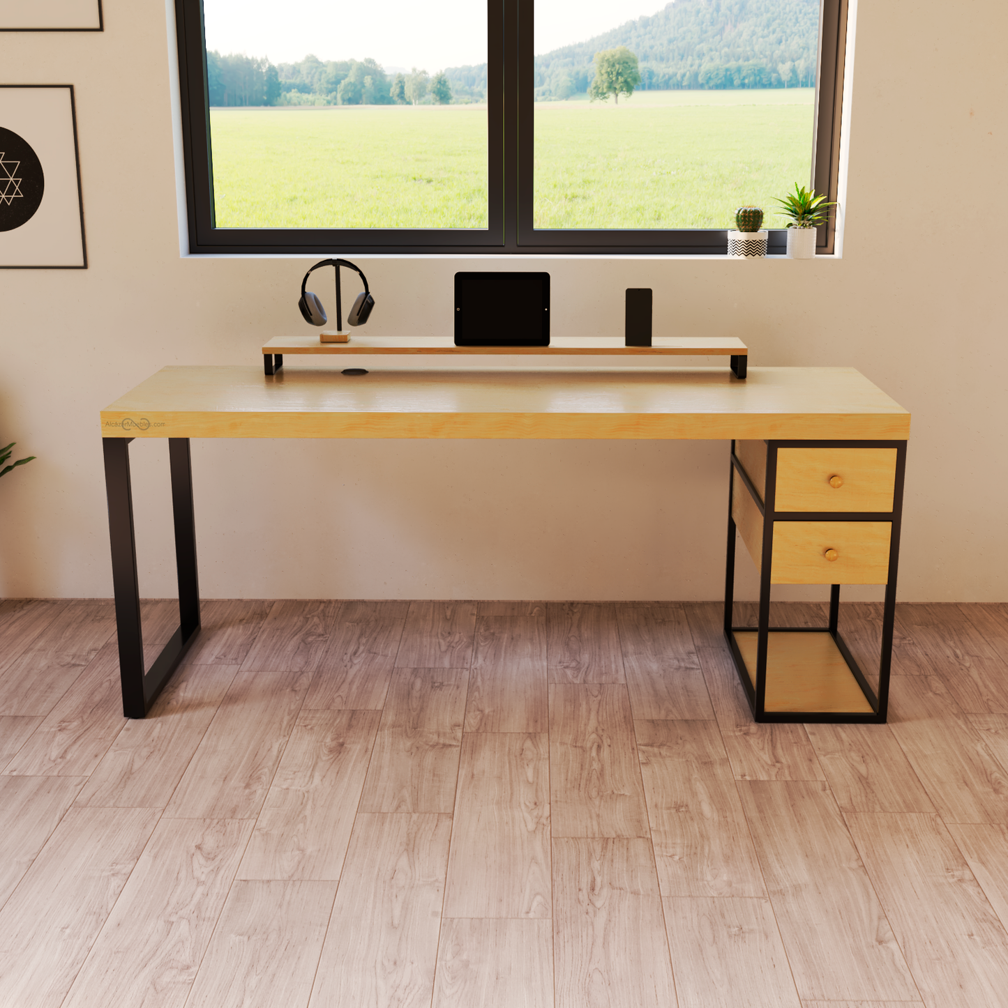 Escritorio Home Office 180 cm 2 cajones mismo lado Industrial madera Pino Alcazarmuebles.com