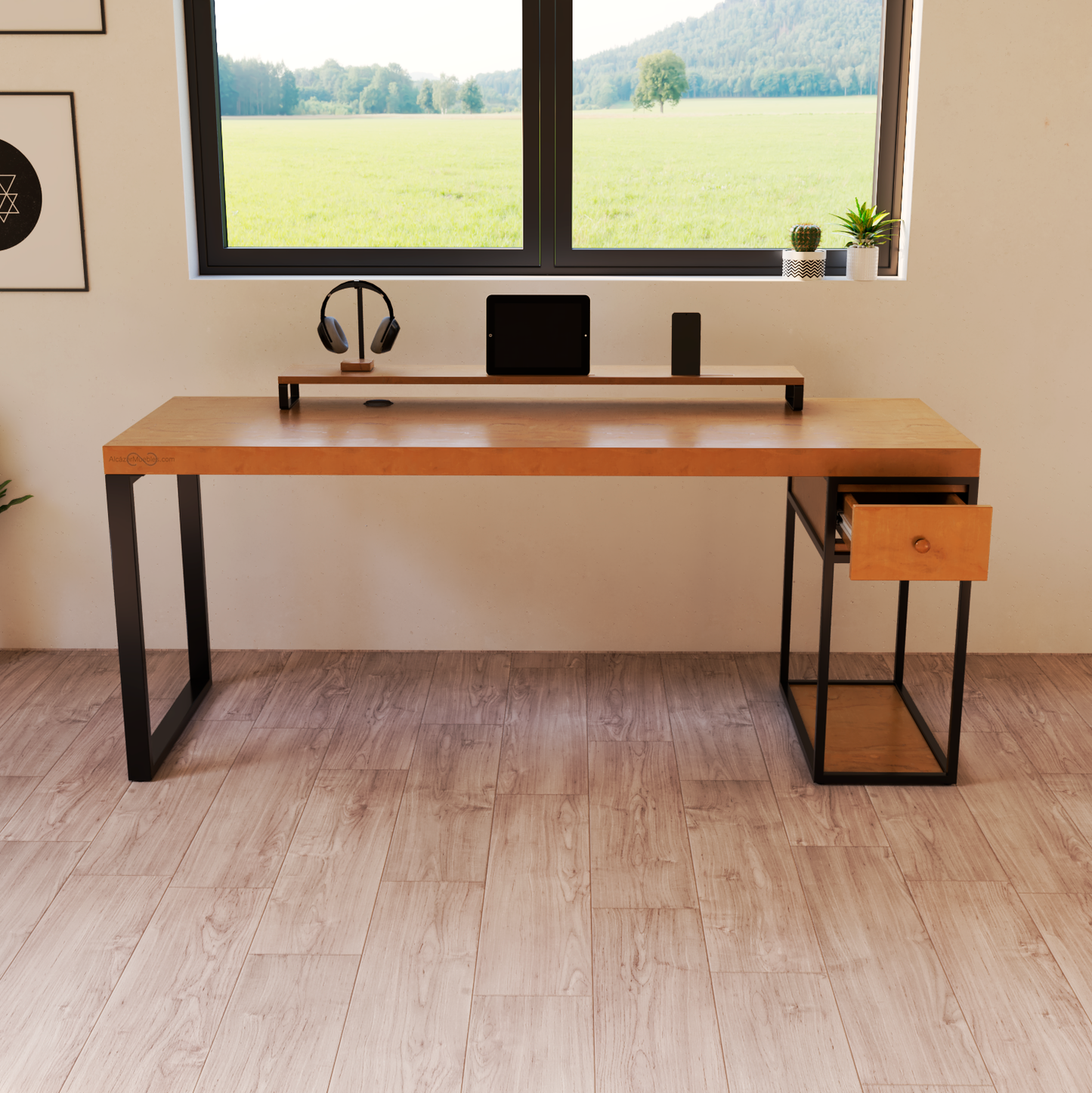 Escritorio Home Office 180 cm 1 cajón Industrial Madera Roble Alcazarmuebles.com