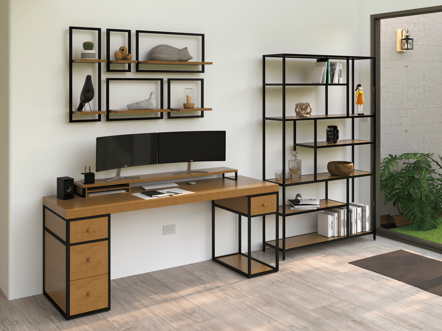 Escritorio Home Office 180 cm 4 cajones Industrial Ejecutivo Roble Alcazarmuebles.com
