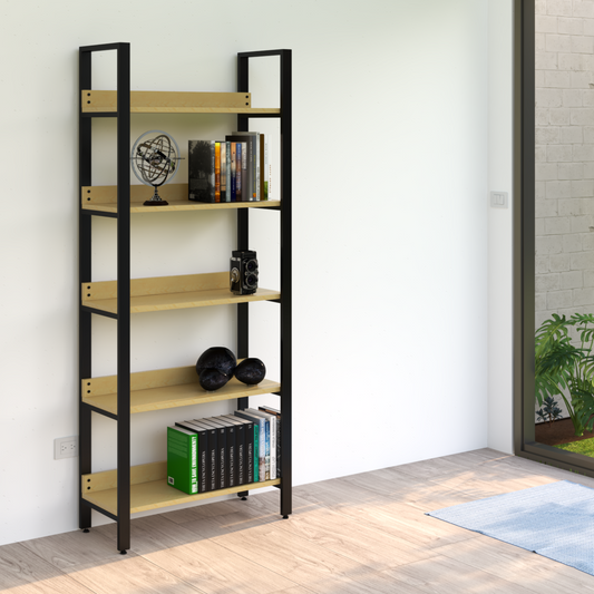 Librero industrial Bergen 80 en nogal, estructura de acero y madera maciza de pino, 190 cm de alto, alcazarmuebles.com