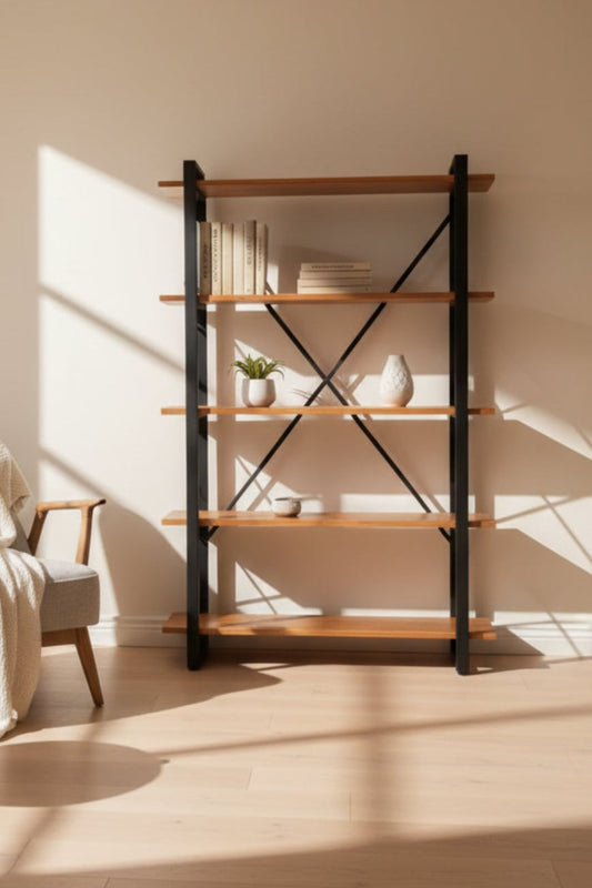 Estantería multiusos estilo industrial con 5 entrepaños de madera de pino natural y marco de hierro pintado en esmalte anticorrosivo