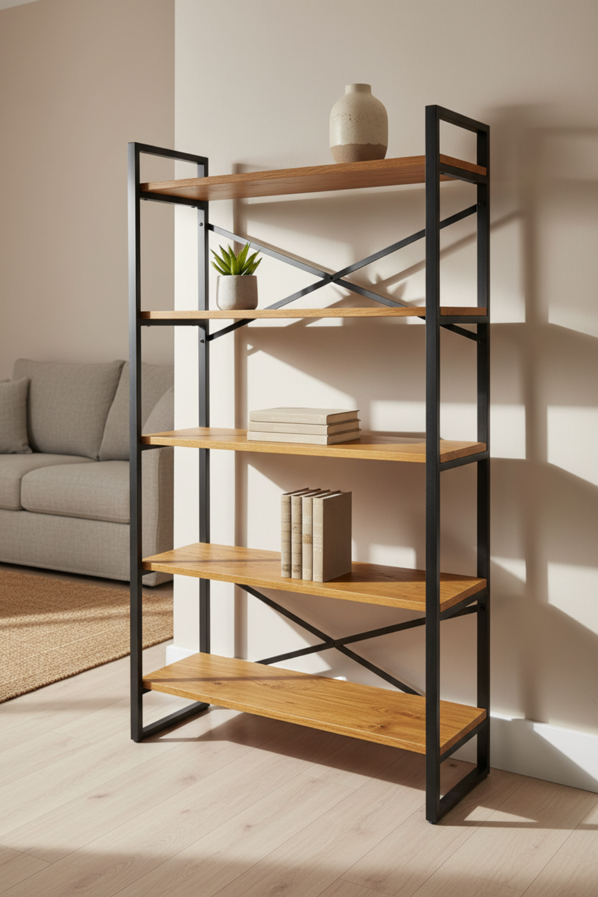 Librero moderno estilo industrial Fily con diseño de estantes abiertos, disponible en nogal, pino natural, roble claro y cedro