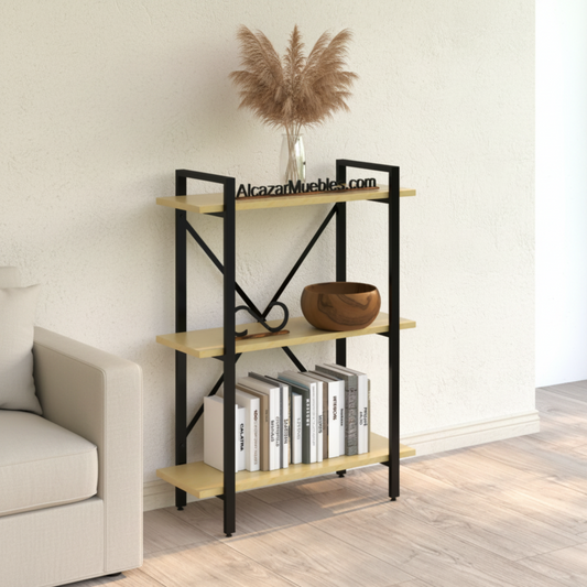 Librero industrial de metal y madera sólida modelo West en color pino — Alcázar Muebles.com