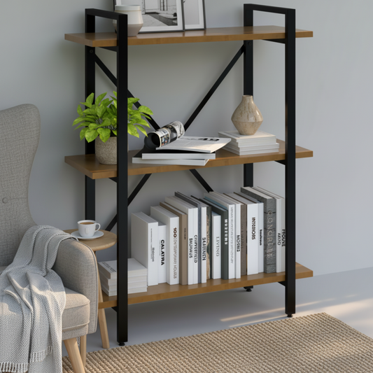 Librero industrial estilo nórdico con estructura de acero y 3 entrepaños de madera sólida modelo West — Alcázar Muebles