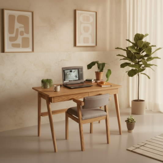 Escritorio y silla de madera sólida en acabado roble con diseño nórdico minimalista