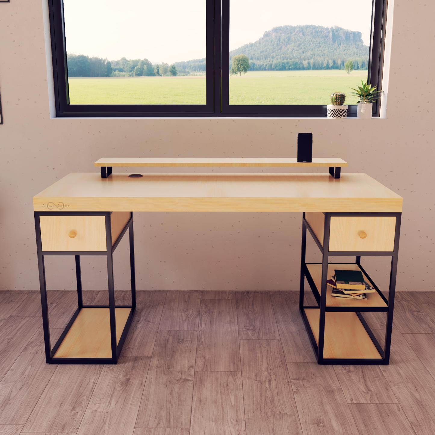 Escritorio Home Office 150 cm  2 cajones, 3 entrepaños, moderno minimalista madera 100%