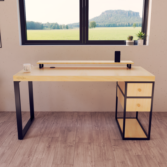 Escritorio Home Office 150 cm 2 cajones 1 cajonera Industrial madera Pino Alcazarmuebles.com