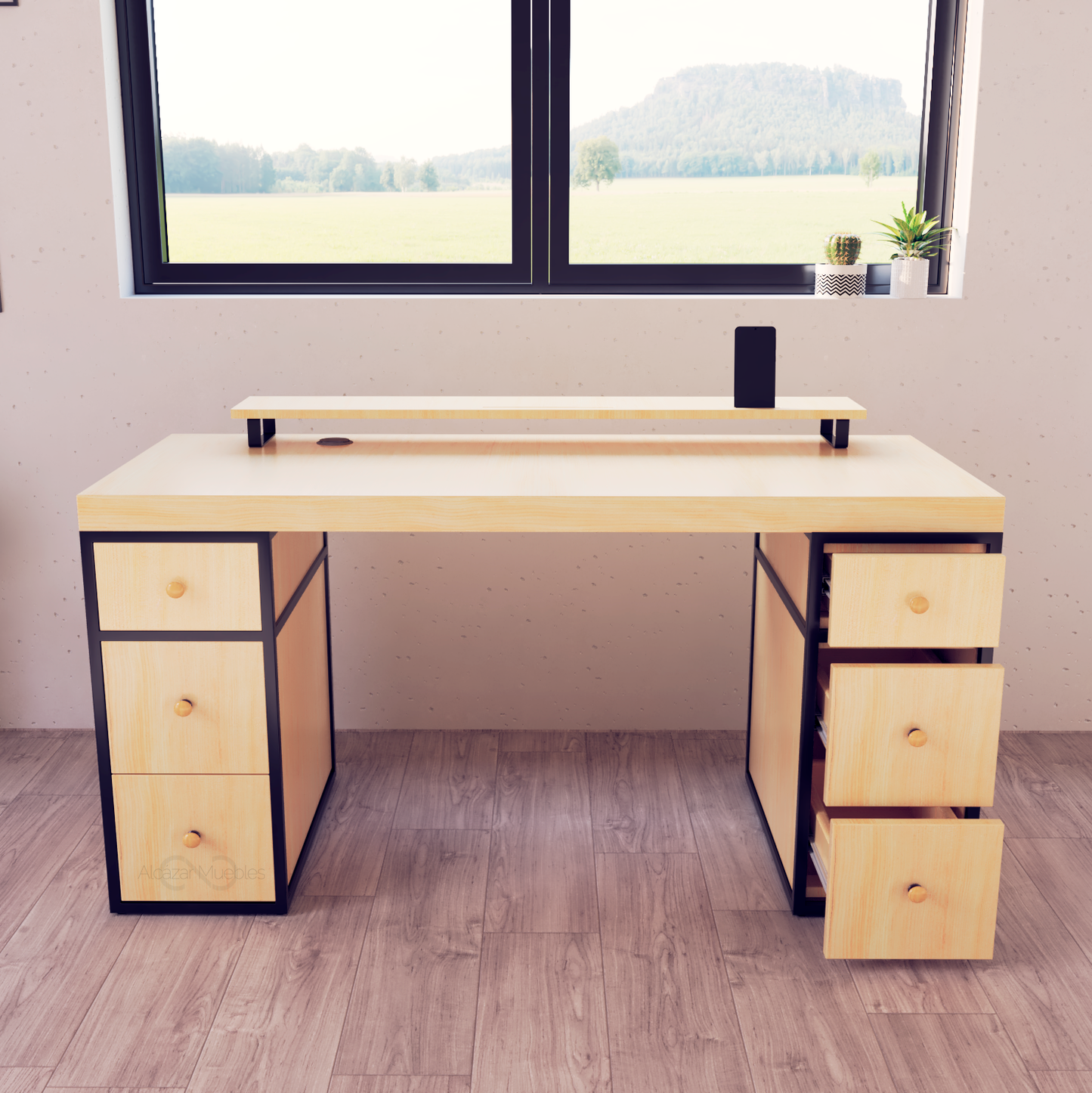 Escritorio Home Office 150 cm 6 cajones minimalista industrial Pino Alcazarmuebles.com