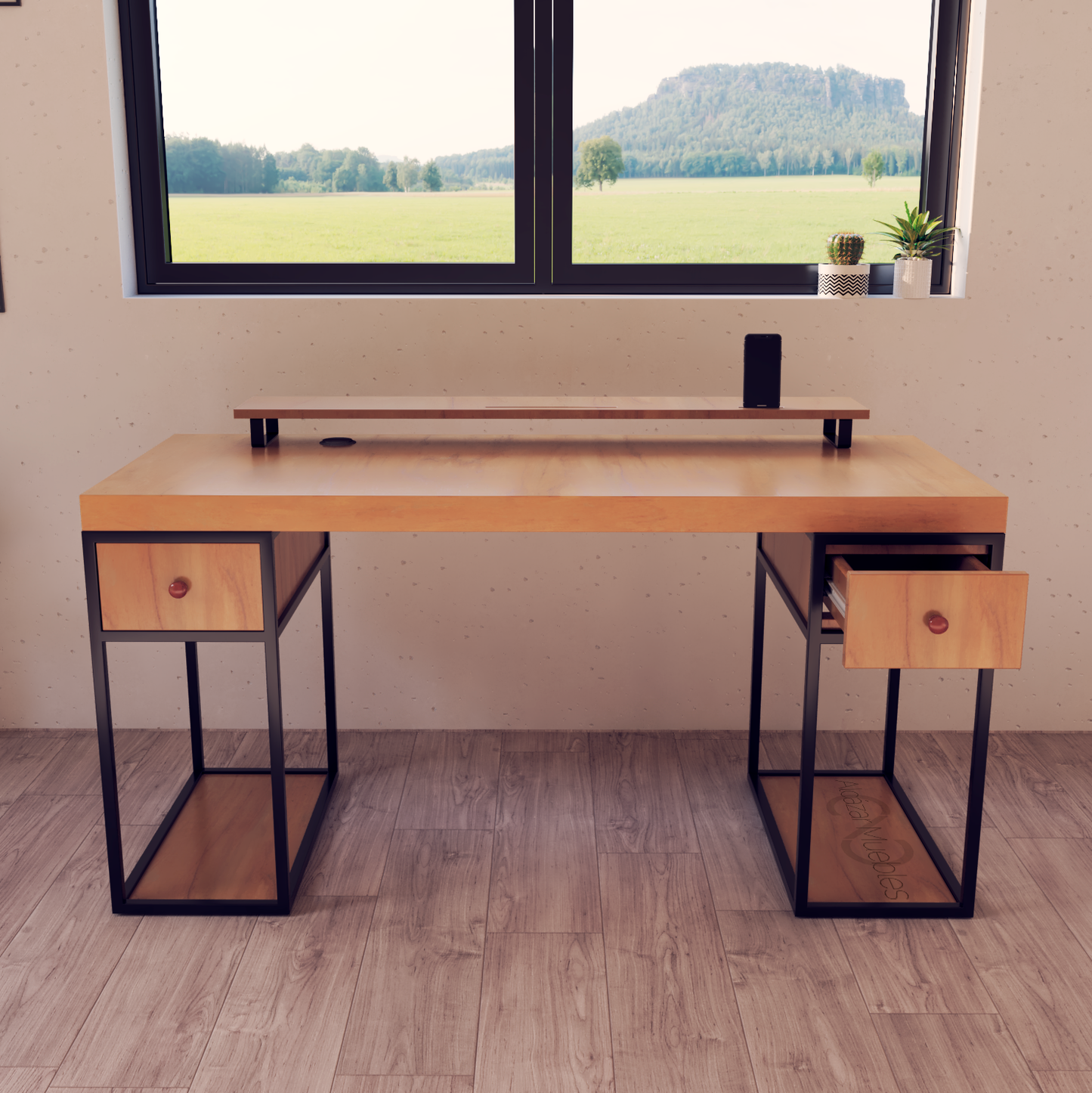 Escritorio Home Office 150 cm 2 cajones estilo Industrial 100% madera Roble Alcazarmuebles.com
