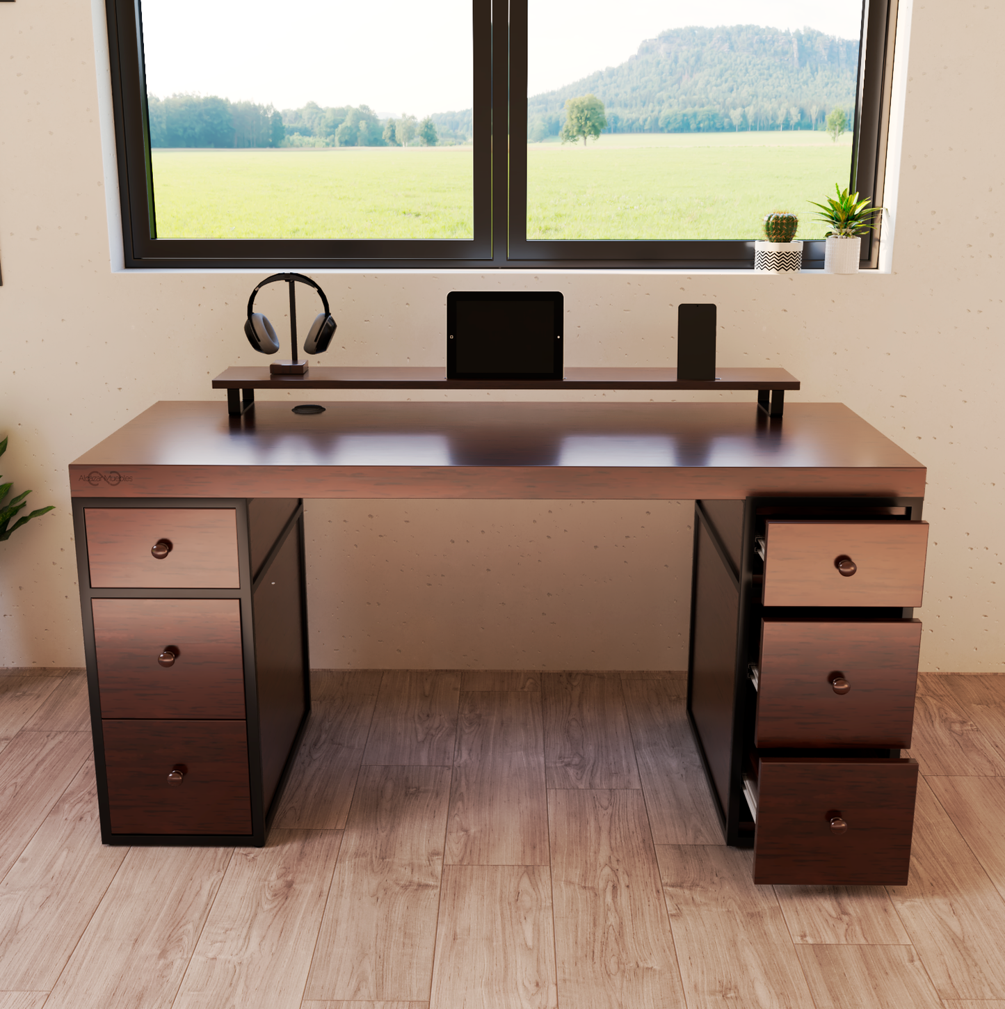 Escritorio Home Office 150 cm 6 cajones minimalista industrial Nogal Alcazarmuebles.com