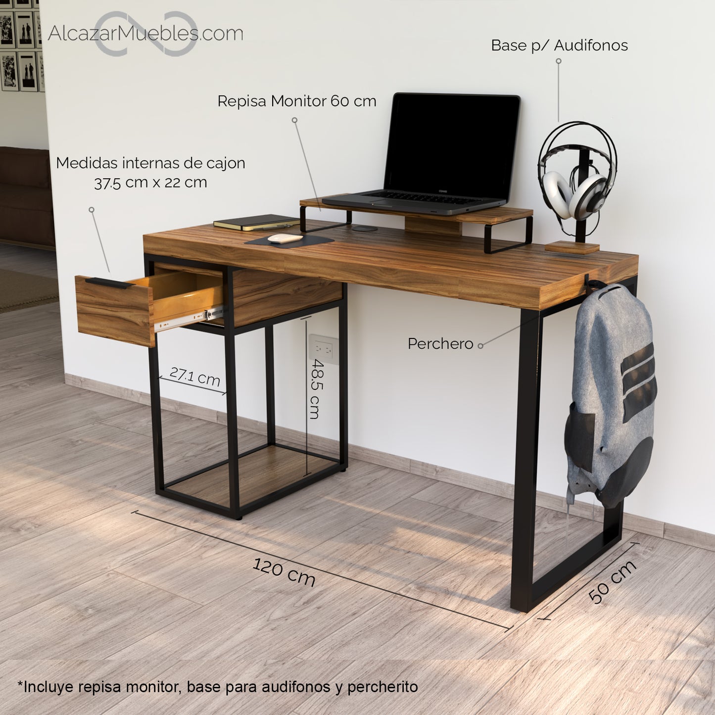 Escritorio Home Office Minimalista Durable 120 cm 1 cajon alcazarmuebles.com