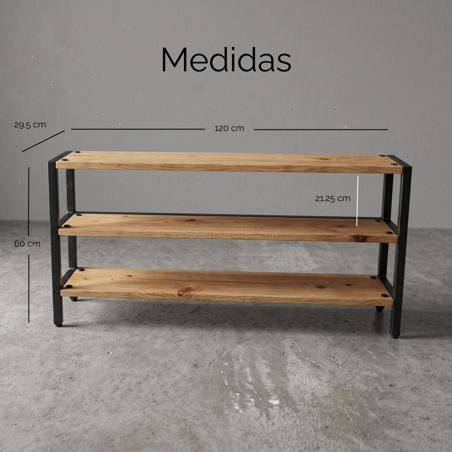 Imagen de medidas del mueble AArhus de 120 cm de largo, 29.5 cm de fondo y 60 cm de alto