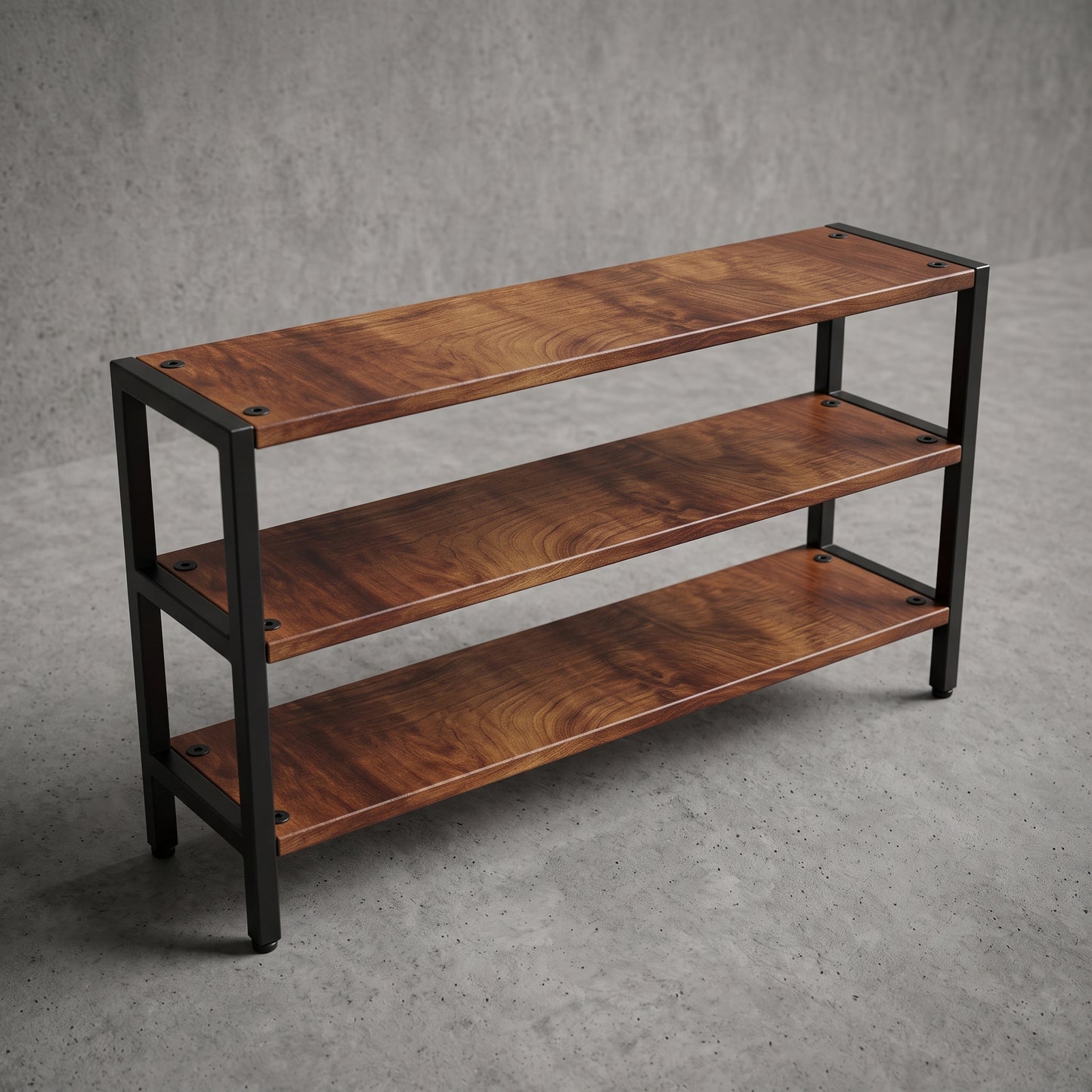 Vista diagonal lateral del mueble AArhus en tono NOGAL  CLARO, con tres repisas abiertas y estructura negra. 120CM.