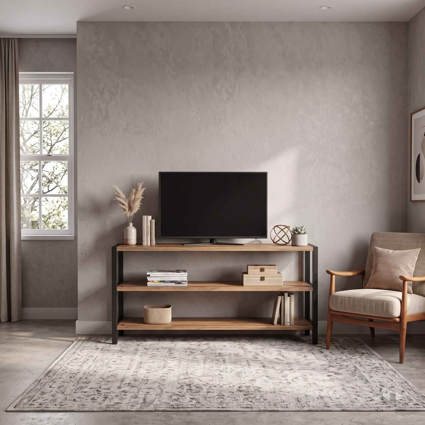 Mueble para TV AArhus en pino natural y acero negro, con libros y objetos decorativos en una sala.