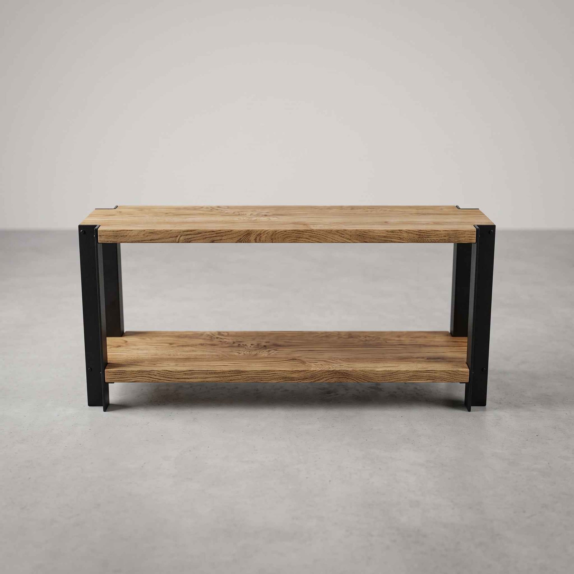 Vista frontal del mueble BRONTE en madera clara, con dos niveles abiertos y estructura negra.