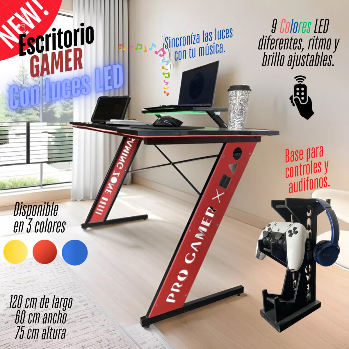 Escritorio Gamer con Luces LED 1.2 x .6 x .75 mts ¡3 Colores!