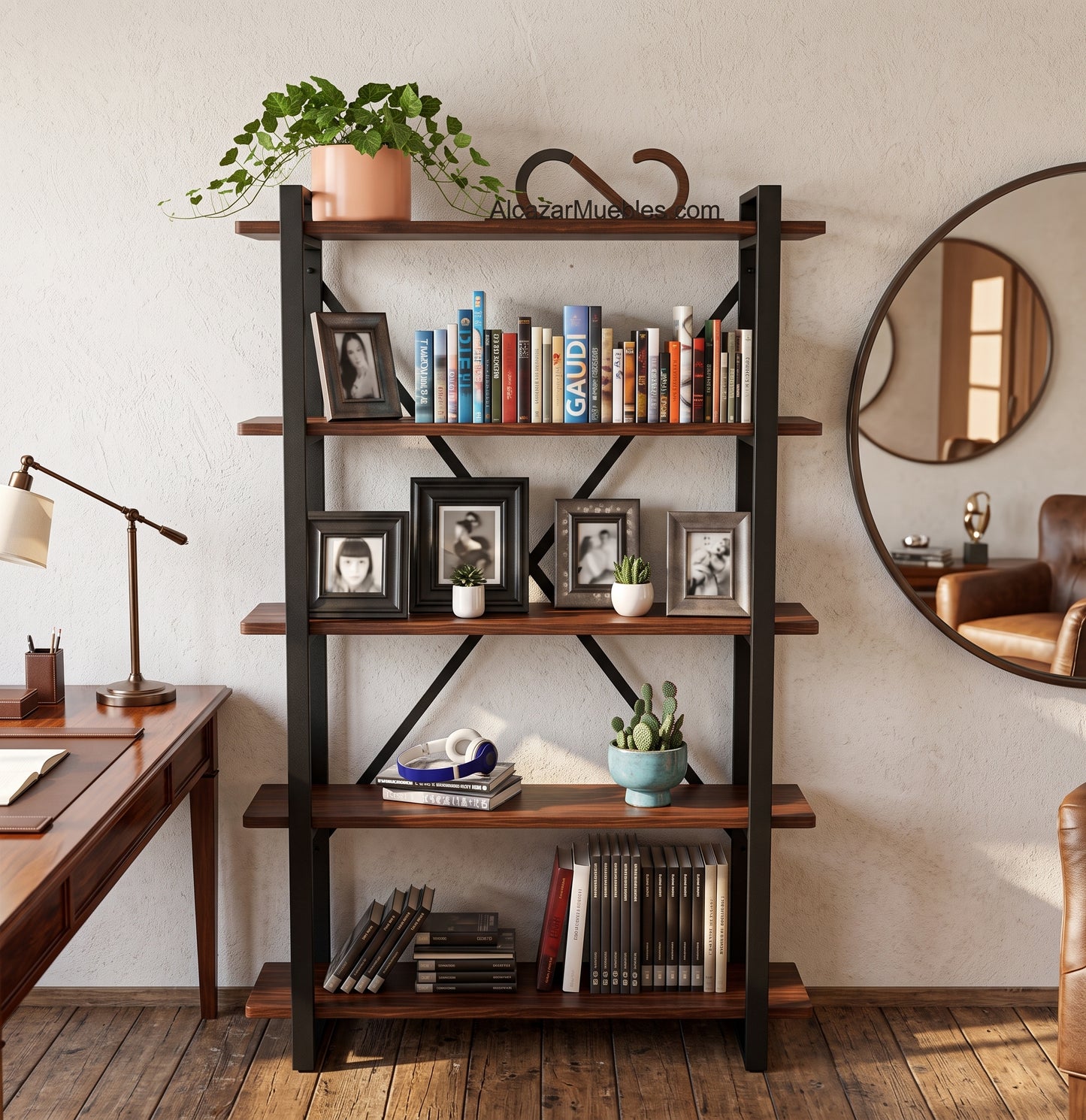 Librero industrial Celta 120 con libros, fotografías y plantas junto a un escritorio.