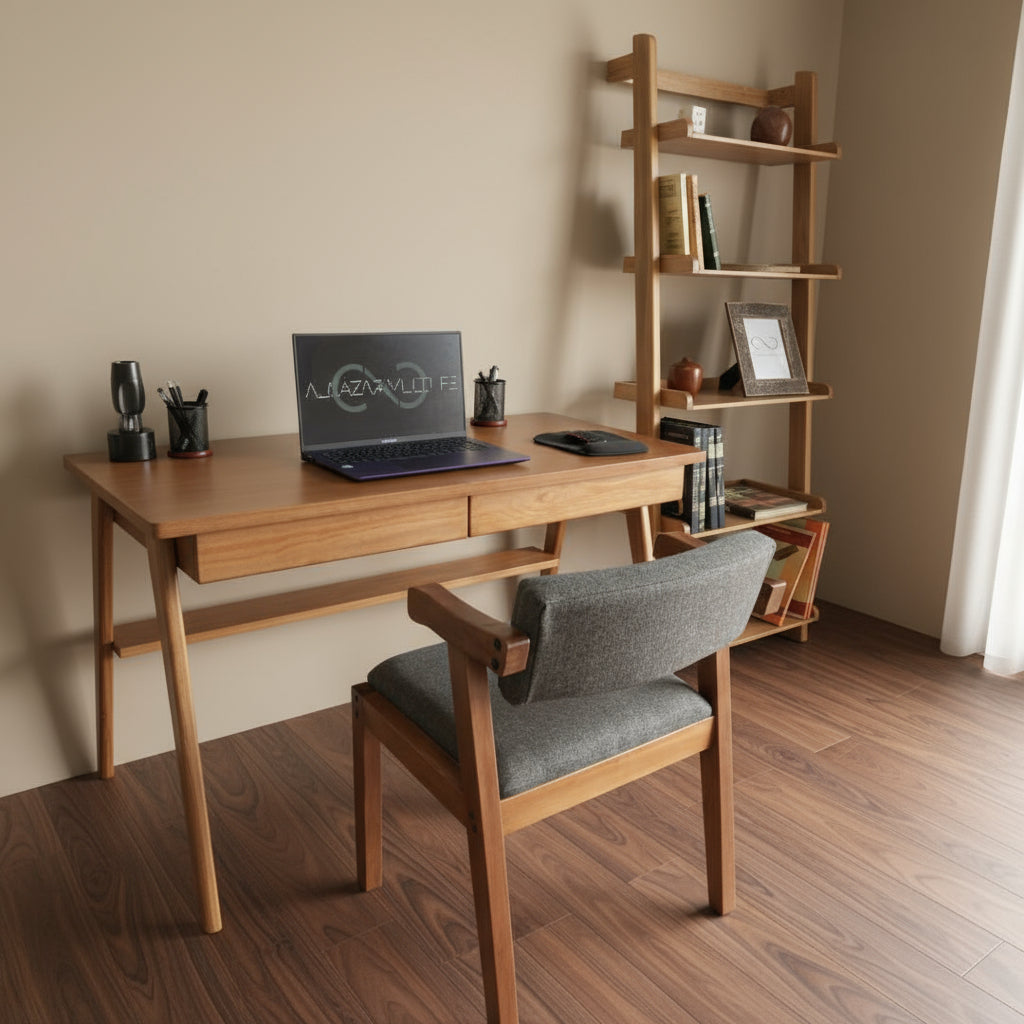 Set de Escritorio de madera sólida modelo Santy con silla y Librero de madera incluidos