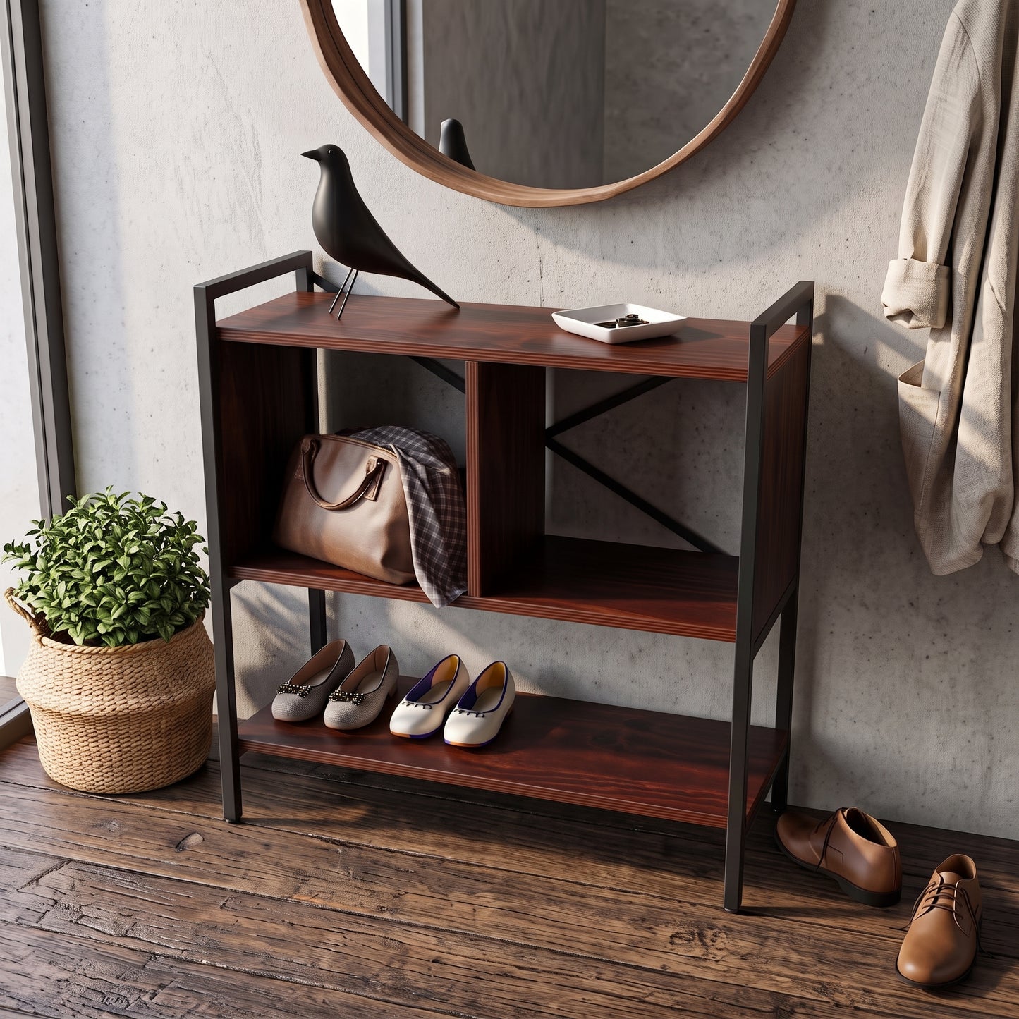 Credenza BENSON en acabado nogal y estructura negra, para colocar llaves, bolsa y zapatos en las repisas para recibidor