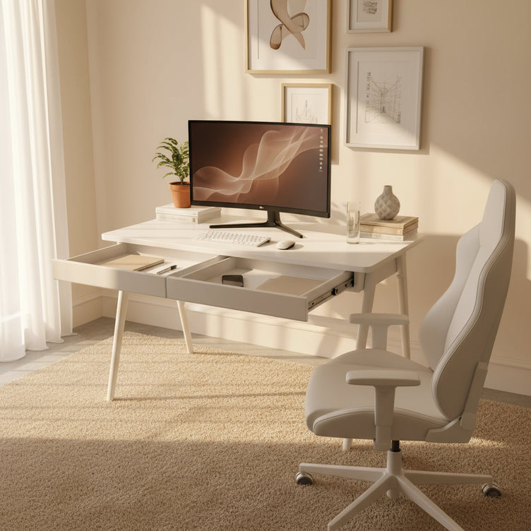 Escritorio Blanco Madera 2 cajones  Minimalista con 2 percheros.