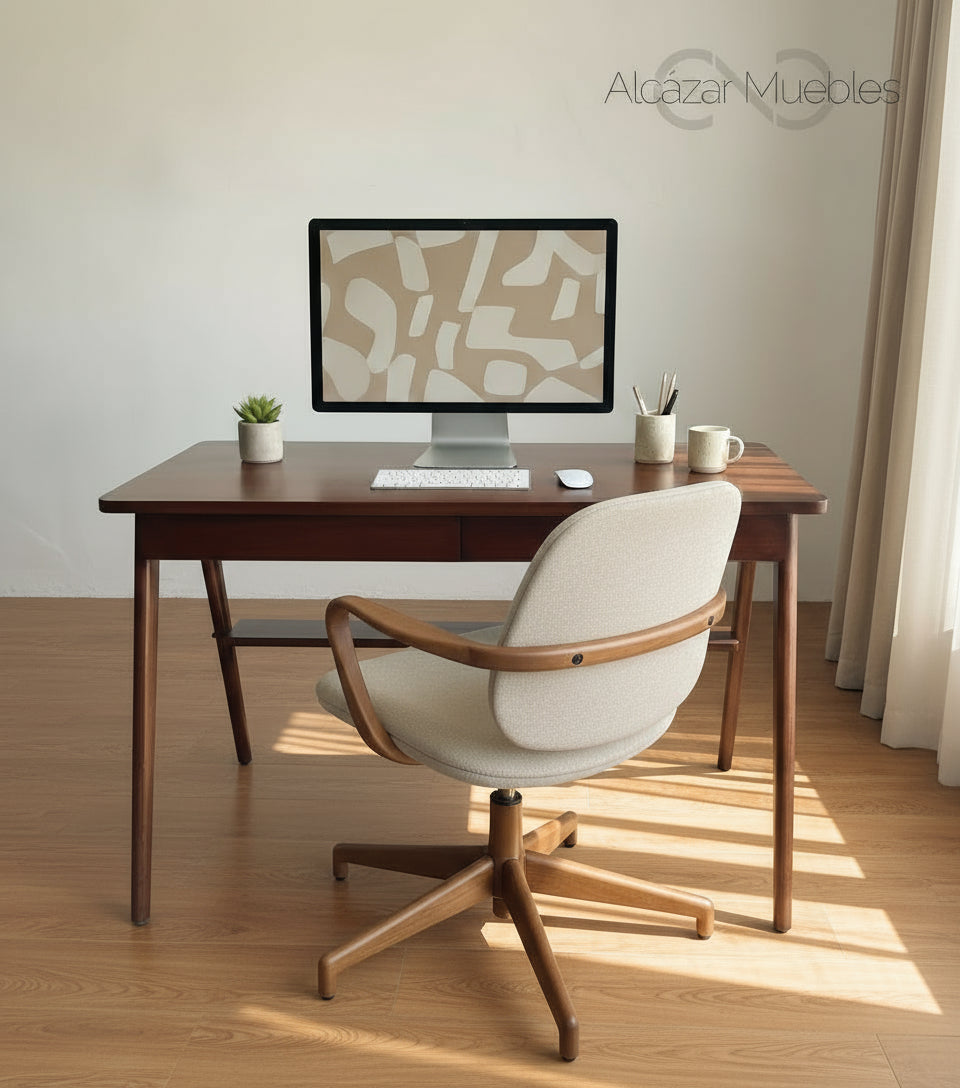 Escritorio de madera maciza con acabado cedro rojizo, dos cajones funcionales y diseño minimalista cálido para oficina en casa, 120 cm de ancho por 60 cm de profundidad