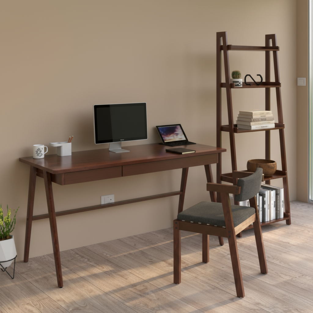 Escritorio de madera sólida acabado nogal oscuro con dos cajones funcionales, diseño minimalista premium para oficina en casa, 120 cm de ancho"