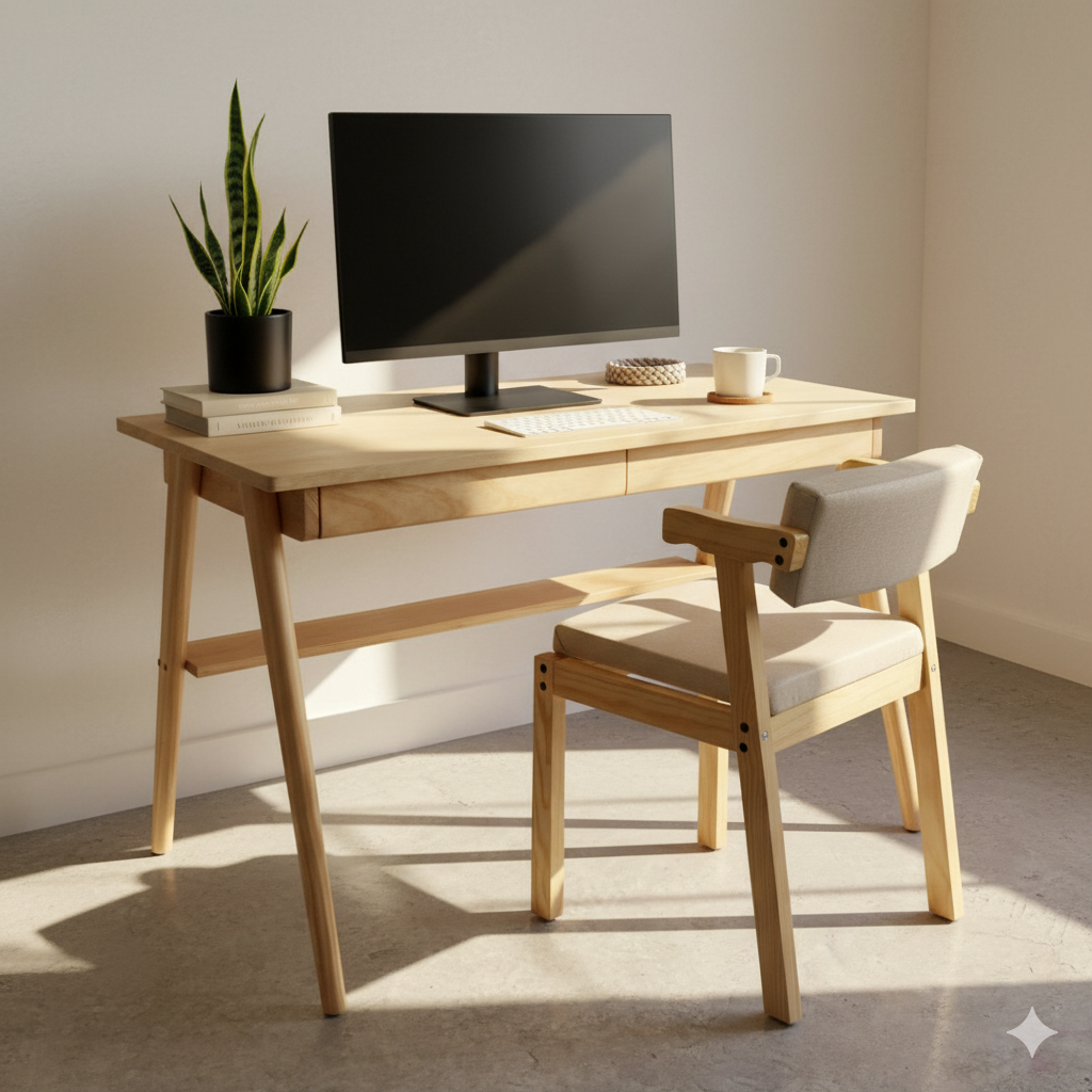 Escritorio minimalista de madera maciza de pino natural con acabado barnizado, dos cajones integrados y diseño moderno para home office, 120 cm de largo por 60 cm de fondo
