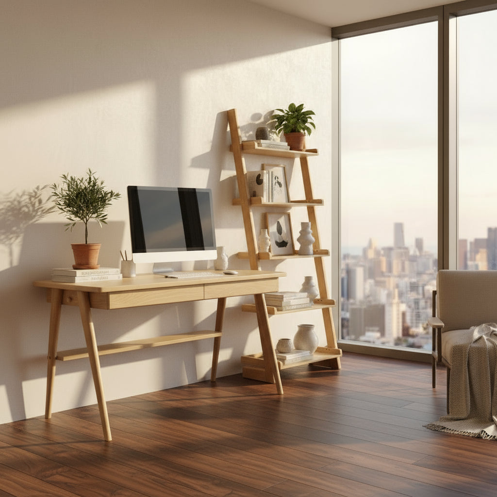 Escritorio minimalista de madera sólida de pino natural con acabado barnizado, dos cajones integrados y dos percheros laterales para colgar accesorios, diseño funcional para home office de 120 cm de largo